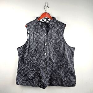 COLDWATER CREEK Plaid Fleece Lined Button-up Vest Floral Print Black White Sz 3X